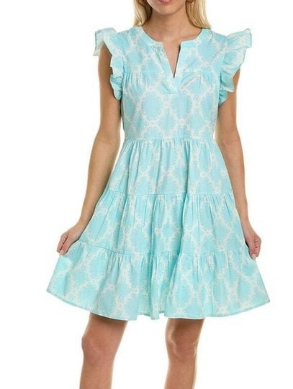 Roller Rabbit Fan Geo Pippa Dress - Aqua Patterned Ruffle Sleeve, US size XS